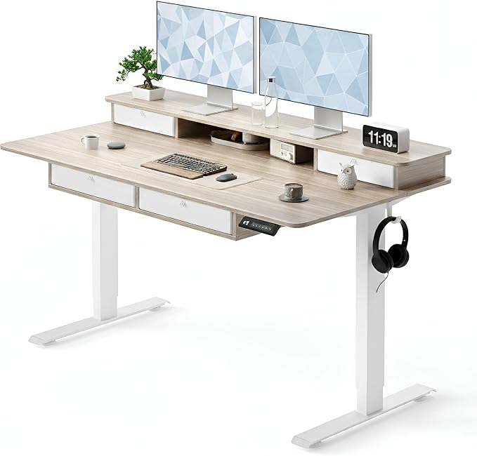 CubiCubi 55" x 30" Standing Desk with Drawers, Height Adjustable Electric Workstation, Computer Sit Stand Up Table with Large Storage Shelf 4 Drawers and 2 Hooks, Light Rustic Brown