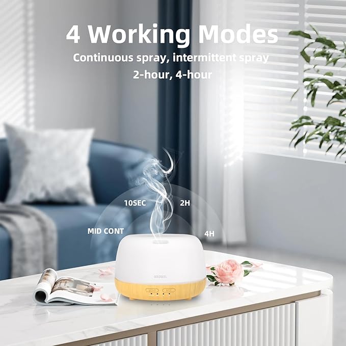 300ML Essential Oil Diffuser,Quiet 8 Hours Operation, 7-Color LED Light, 4 Timer, Remote Control, Aromatherapy Diffuser Auto-Off, for Bedroom, Living Room, Office, Home