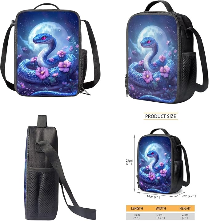 WELLFLYHOM Snake Kids School Backpack Elementary Book Bag for Girls Back Pack with Lunch Bag Pencil Case Water Bottle Cover Moon Flower Kids Daycare Bag Gift for Back to School Season