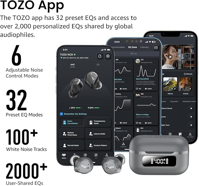 TOZO NC9 Hybrid Active Noise Cancelling Wireless Earbuds, 6 Mics ENC Clear Call, IPX8 Waterproof, in Ear Bluetooth 5.3 Headphones Stereo Bass Ear Buds 60H Playtime with LED Display 32 EQs via APP