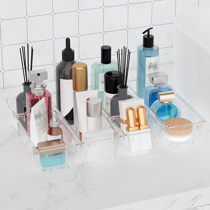 WOWBOX 12 Pack Clear Drawer Organizer Set, Acrylic Drawer Storage Trays, Storage Bins for Makeup, Cosmetics, Jewelries, Utensils, Gadgets, Office