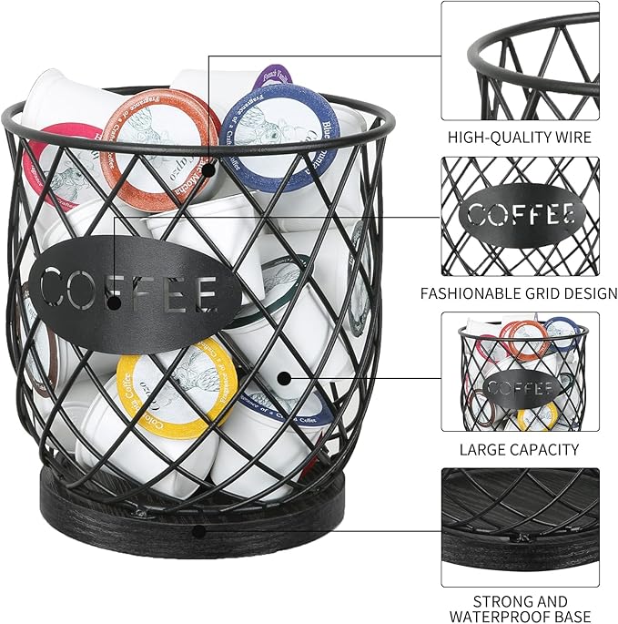 YINMIT K Cup Holder Organizer, Sturdy Coffee Pod Holder Organizer, 35 Kcup Large Capacity Storage Basket for Kitchen Counter and Office Desktop (Black-Circular)