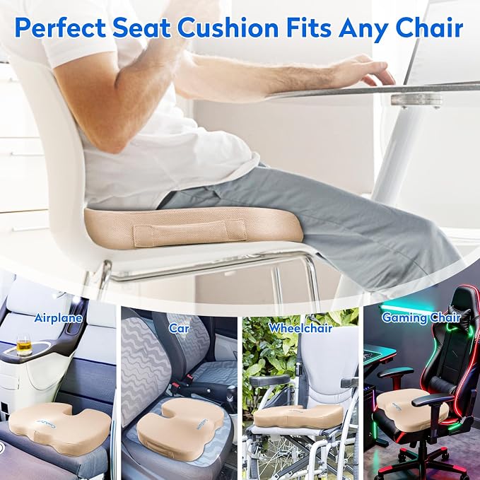CushZone Seat Cushion, Office Chair Cushions, Car Seat Cushion, Non-Slip Sciatica & Back Coccyx Tailbone Pain Relief Chair Pad, Memory Foam (Large,Khaki)