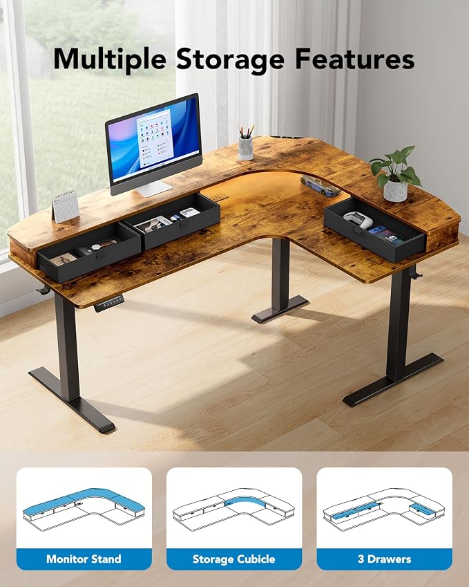 HUANUO 65″ L Shaped Standing Desk with 3 Drawers, Vintage Brown | Built-in Power Outlets, LED Strip, Smooth Electric Height Adjustment, 4 Memory Presets, 220 lbs Capacity, Power Strip Holder