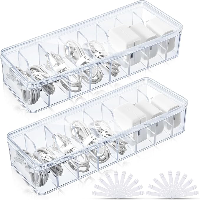Tatuo 2 Pcs Cord Organizer for Drawer Desktop, Cable Organizer Box with 8 Compartments and Wire Ties, Plastic Charger Storage with Lid, Electronics Case for Home Office Accessories (Small,Clear)
