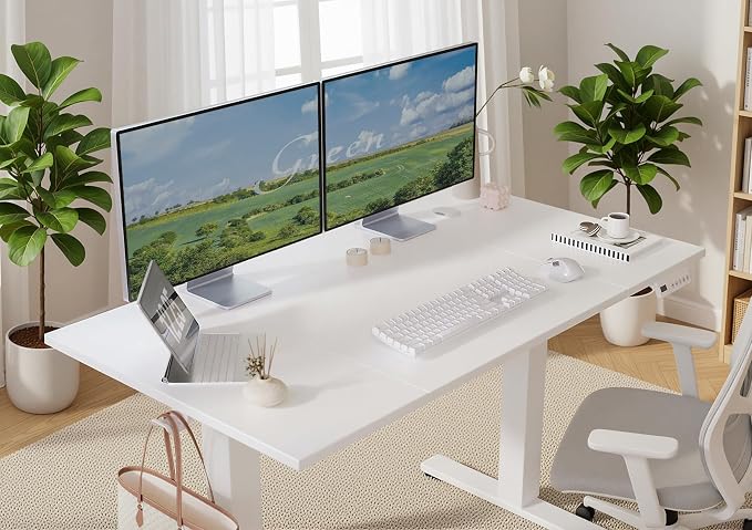 Seang Electric Height Adjustable Standing Desk, 48 x 24 Inch Sit-Stand Workstation with T-Shaped Frame, 3 Memory Height Options & Built-in Cable Management for Home Office, White Frame/White Top
