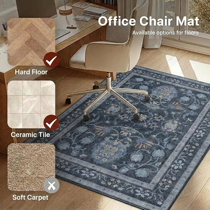 36"x60" Office Chair Mat for Hardwood Tile Floor, Under Desk Carpet Protector for Rolling Computer Chair Mat, Machine Washable Area Rug, Anti-Slip 1/5" Thick Low Pile Thin Vinyl Floor Mat, Grey Blue
