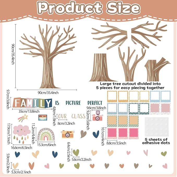 Back to School Bulletin Board Our Class Family is Picture Perfect Bulletin Board Set Colorful Picture Frame Classroom Decoration Boho Tree DIY Photo Crafts Cutouts for Schools Offices Teacher Supplies