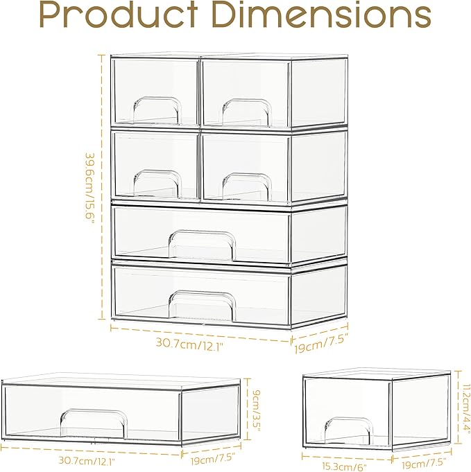 Stackable Storage Drawers, 6 Pack Clear Plastic Makeup & Bathroom Organizer, Versatile Storage Bins for Vanity, Under Sink, Kitchen Cabinets & Pantry