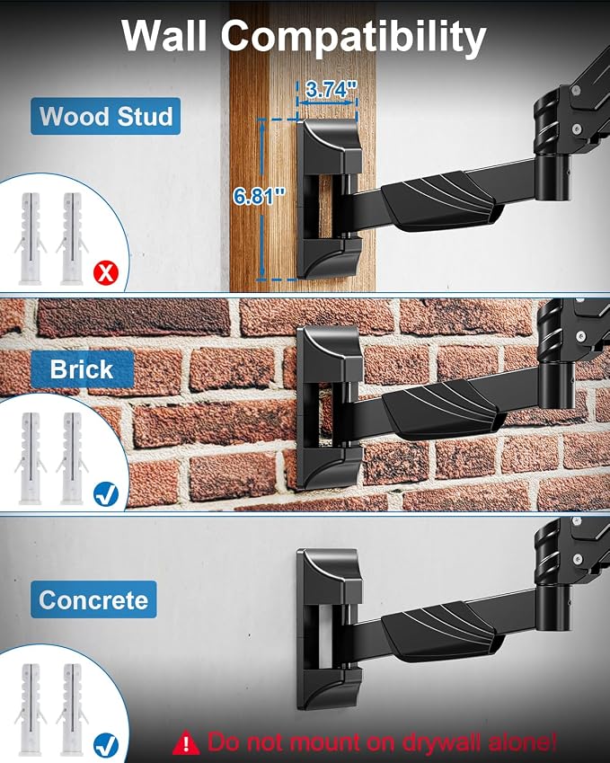Single Monitor Wall Mount for Max 43" Holds up to 33.1lbs Screen | Wall Monitor Mount for Ultrawide Computer Screen, Height Adjustable Full Motion Gas Spring Vesa Wall Mount, Max 200x200mm