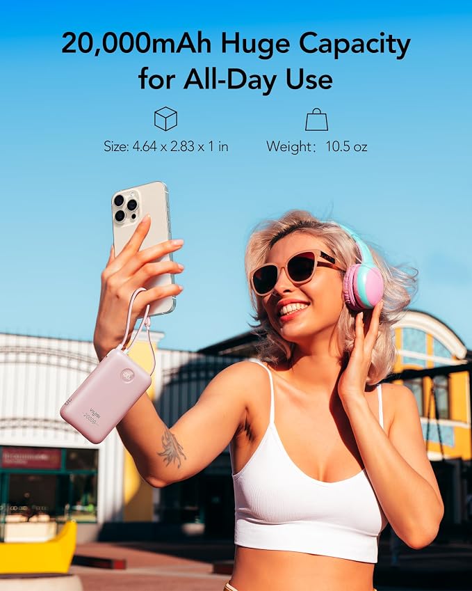 VIYISI Power Bank 20000mAh 30W Fast Charging Portable Charger with Built-in Cables & LED Display, USB C Battery Pack for iPhone 17/16/15/14, Samsung, iPad and Android Phones, Ideal for Travel-Pink