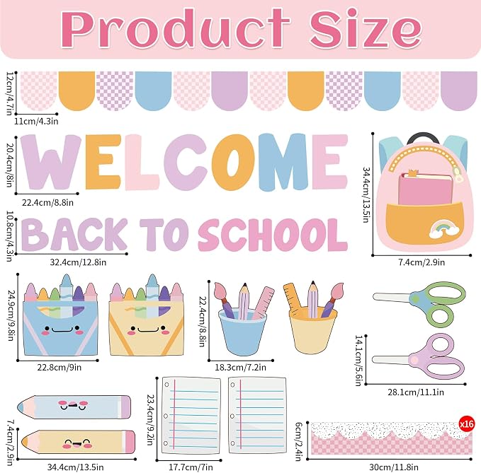 Welcome Back to School Bulletin Board Set - Colorful First Day of School Theme with School Supplies, Pencil, Notebook, Schoolbag Paper Cutouts - Ideal for Classroom and Back to School Party Decor