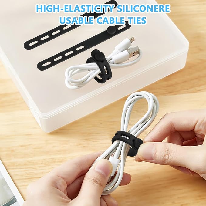 40 Pcs Black Silicone Cable Ties, Reusable Cable Straps Wire Organizer. | Cable Management Cord Organizer for Fastening Earphone Phone Charger Home Office Desk Kitchen Appliances Cable Cords Wires