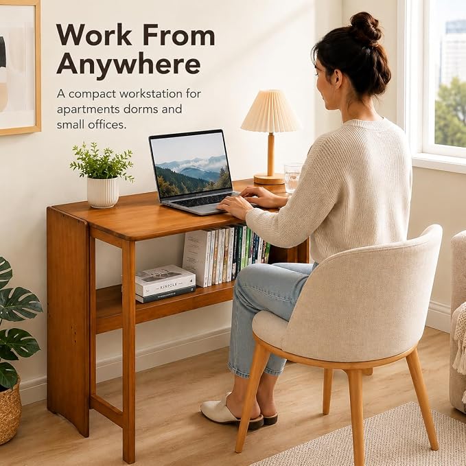 Bamboo Folding Desk, Foldable Computer Desk with Bookshelf, Space Saving Small Desk for Bedroom Home Office, Compact Writing Desk for Small Spaces