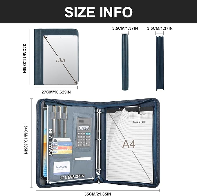 Leathario Portfolio Binder, 3-Ring Folder Organizer, Includes 5 Sheet Protectors and a Pen, Vegan Leather A4 Padfolio for Tablets, Business Conferences Professional Document Organizer