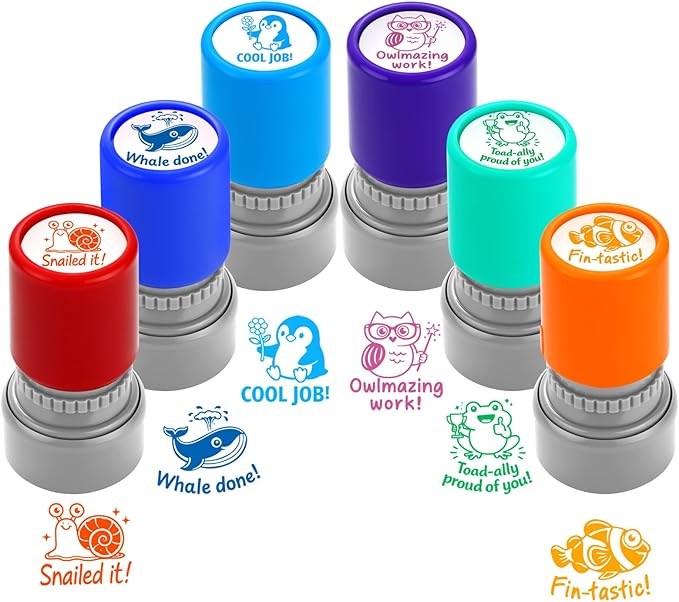 6Pcs Animal Teacher Stamps for Classroom, New Teacher Appreciation Gifts Self Inking Grading Stamps Set, Motivational Reward Stamps, Back to School Essentials for Elementary, Homeschool