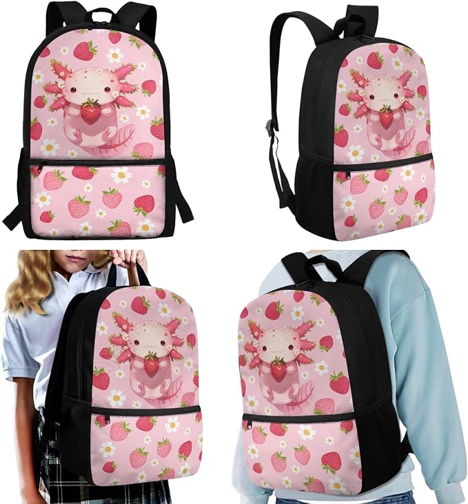WELLFLYHOM Custom Name Axolotl Girls Backpack Set 6-8 Kids School Book Bag Lunch Box Pencil Case Water Bottle Sleeve Strawberry Daisy Elementary Daycare Bag for School Back to School Gift