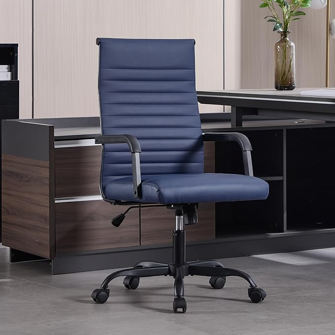 Office Chair, Ergonomic Executive Conference Room Chairs, Ribbed Leather Desk Chair with Lumbar Support, Adjustable Height Mid-Back Swivel Chair with Padded Seat