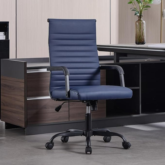 Office Chair, Ergonomic Executive Conference Room Chairs, Ribbed Leather Desk Chair with Lumbar Support, Adjustable Height Mid-Back Swivel Chair with Padded Seat