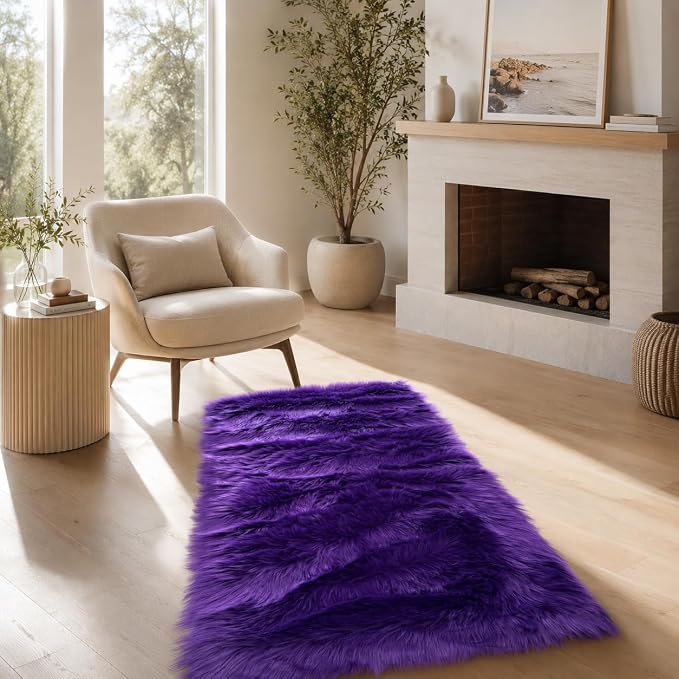 EasyJoy Faux Sheepskin Rug, Fluffy Faux Fur Rug, Ultra Soft Shag Area Rug with Non-Slip Backing for Bedroom, Living Room, Nursery, Kids Room(2 x 4 ft Rectangle, Dark Purple)