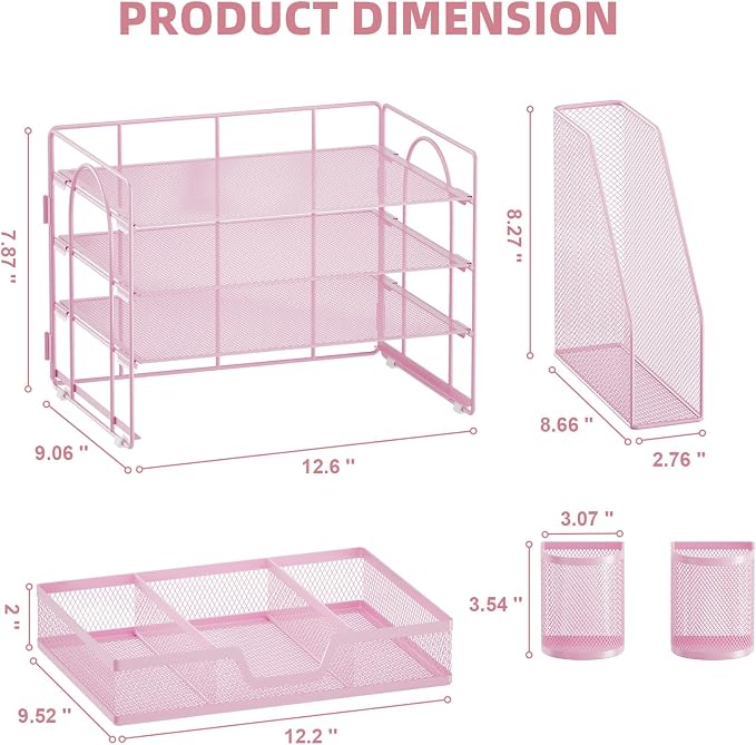 Marbrasse 4-Tier Paper Tray Organizer with Drawer and Pen Holder, Pink | Metal Mesh Desk Organizer, Built-in Drawer & 2 Pen Slots, fits letters/Files, for School Home Office Supplies