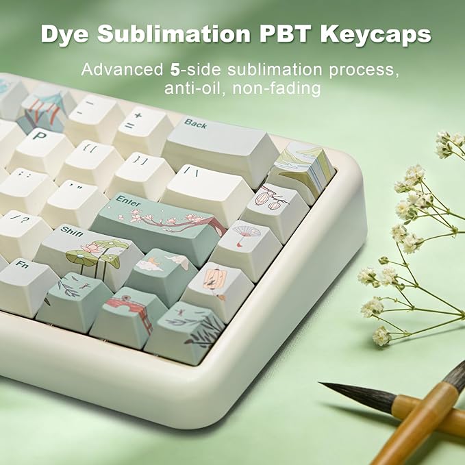 YUNZII Spring Tea Dye Sub PBT Keycaps,140 Full Keys Dye Sublimation PBT Custom Keycap Set with Key Puller for Cherry Gateron MX Switches Mechanical Gaming Keyboard (Cherry Profile, Spring Tea)