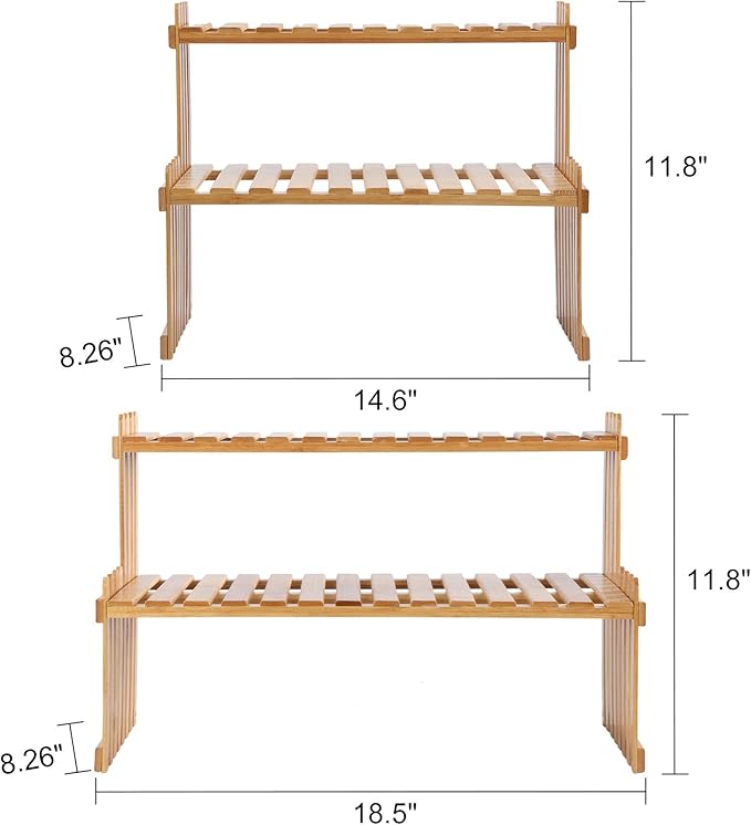 14.6"/18.5" 2 Tiers Bamboo Plant Stand Shelf,Desk Flower Pot Holder,Adjustable Desktop Shelf Display Organizer Ladder Rack for Office Decorate Storage Rack,Kitchen Rack (18.5" Length)
