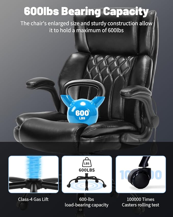 600LBS Large Heavy Duty Office Chair, Big and Tall Office Chair for Heavy People, Executive Desk Chair with Lumbar Support, Computer Desk Chairs with Flip Up Arm