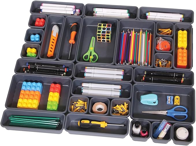 Set of 28 Interlocking Desk Drawer Organizer Tray Dividers Plastic Shallow Narrow Drawers Organizers Separators Storage Bins Container for Kitchen Bathroom Makeup Office Vanity Bedroom Dresser