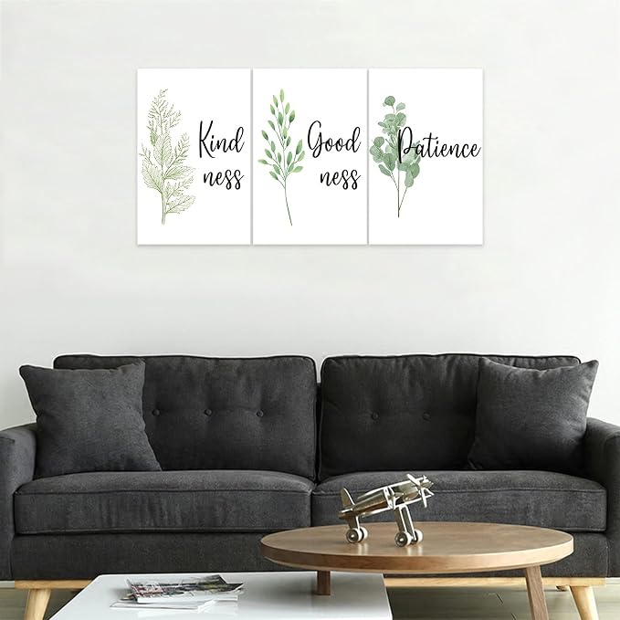 3 Piece Inspirational Wall Art, White Plant Background Picture, Quote "Kind Good Patience" Canvas Print for Office Decor, Triptych Entrepreneur Painting Framed Artwork for Home Wall Decor (48"Wx24" H)