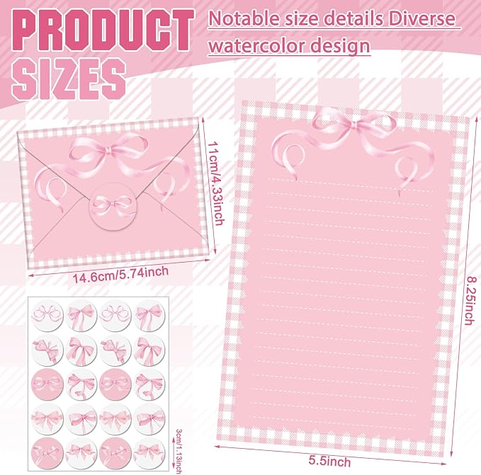 TaoBary 160 Pcs Pink Bow Stationery Paper Set for Girls with Stationery Letter and Envelopes 50 Double Sided Papers with 50 Matching Envelopes and 60 Round Dot Sticker 10 Design (5.5 x 8.25 Inch)