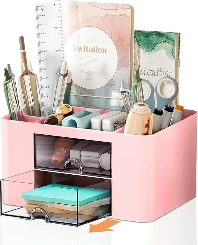 Stationary Organiser 7-Grid Desk Organizer with Drawer – Multifunctional Plastic Table Organizer & Pen Holder for School, Office, and Home (Pink)