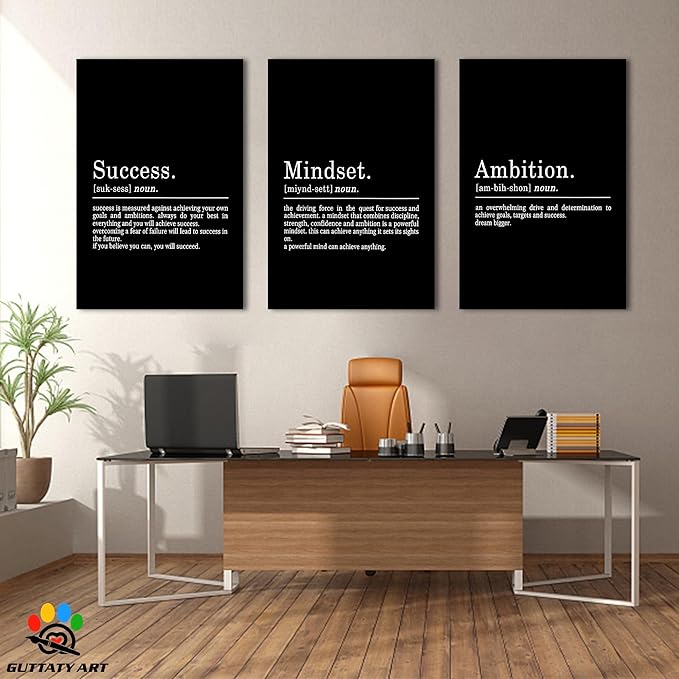 3 Piece Inspirational Wall Art - Success Mindset Ambition Quotes Canvas Art Prints for Men Women Gift, Office Wall Art Pictures, Motivational Poster Framed Artwork for Home Office Decor 24”x36”x3Pcs