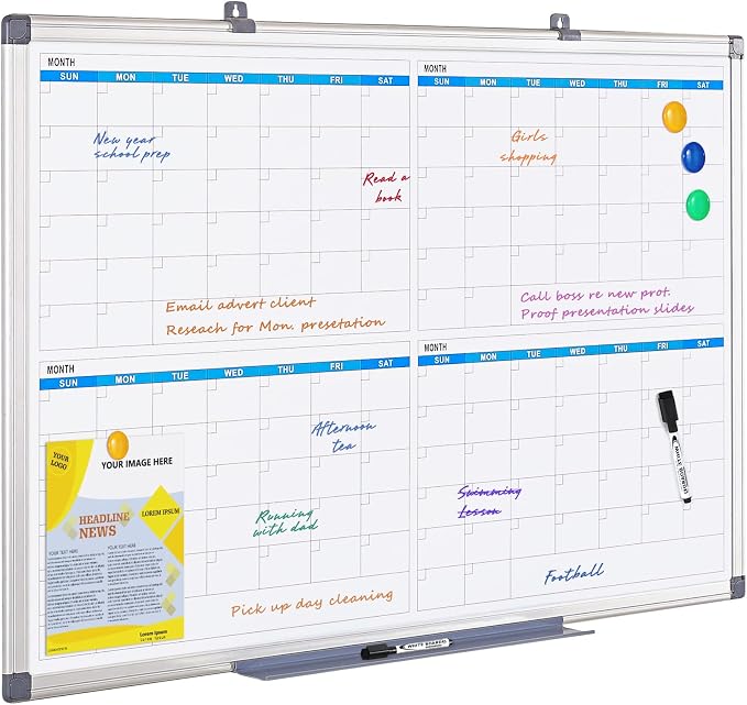MAKELLO Large Dry Erase Calendar for Wall 36" x 24", Quarterly, 4 Months | Magnetic, Wall Mount, Smooth Writing, Dry Erase Wall Calendar, Monthly Calendar Whiteboard, Home, Family Planning, Bedroom