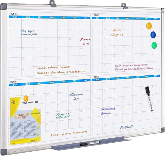 MAKELLO Large Dry Erase Calendar for Wall 36" x 24", Quarterly, 4 Months | Magnetic, Wall Mount, Smooth Writing, Dry Erase Wall Calendar, Monthly Calendar Whiteboard, Home, Family Planning, Bedroom