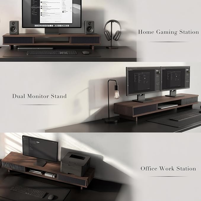 Dual Monitor Stand Riser with Storage Drawer for Desk Organization | Fits Dual 32" Monitors, Walnut Finish, Hidden Storage, Ergonomic Height, Holds 110lbs, No Flex, Quick Setup