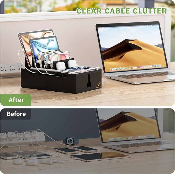 Pezin & Hulin Bamboo Charging Station-Black, (No USB Charger and Cables) | Electronic Devices Organizer for Multiple Devices Charger Such As Cell Phone, Tablet, Watch and More