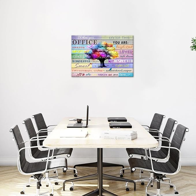 Inspirational Wall Art for Office Team Rules Wall Art Office Wall Decor Motivation Positive Quotes Wall Decor Colorful Tree Signs Framed Painting Prints Artwork for Home 36x24in Framed