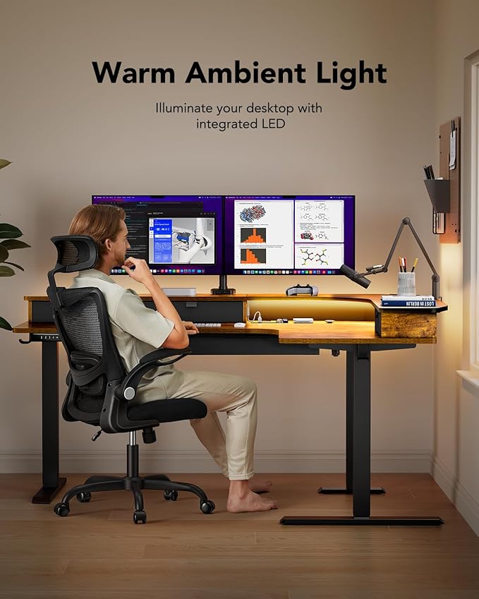 HUANUO 65″ L Shaped Standing Desk with 3 Drawers, Vintage Brown | Built-in Power Outlets, LED Strip, Smooth Electric Height Adjustment, 4 Memory Presets, 220 lbs Capacity, Power Strip Holder