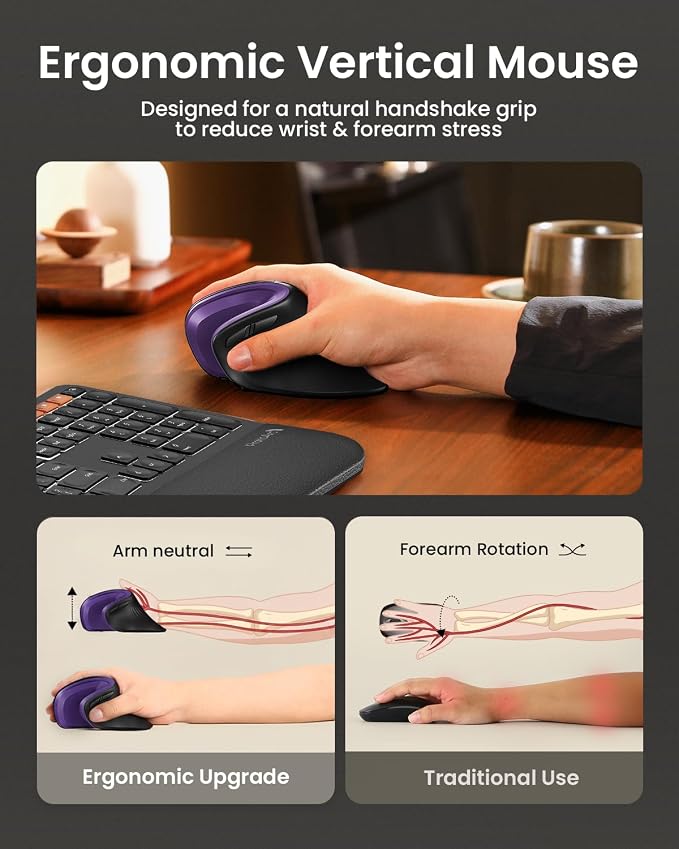 ProtoArc EM11 NL Wireless Ergonomic Mouse, Rechargeable, Black Purple | 58° vertical design supports a natural wrist posture, connect 3 devices via Bluetooth/2.4G USB-A, 500mAh USB-C rechargeable.