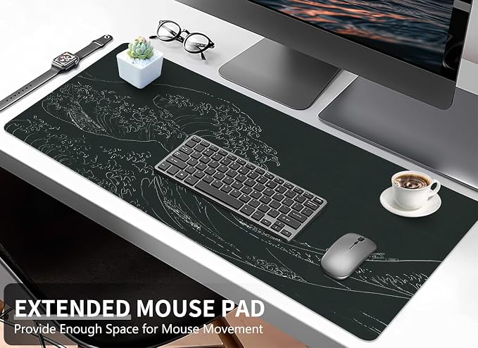 Japanese Gaming Mouse Pad Abstract Black Mouse Pad Clearance Overstock Limited Stock Discontinued Size 31.5x11.8 Inch Black Sea Wave Texture Non-Slip Keyboard Mouse Mat