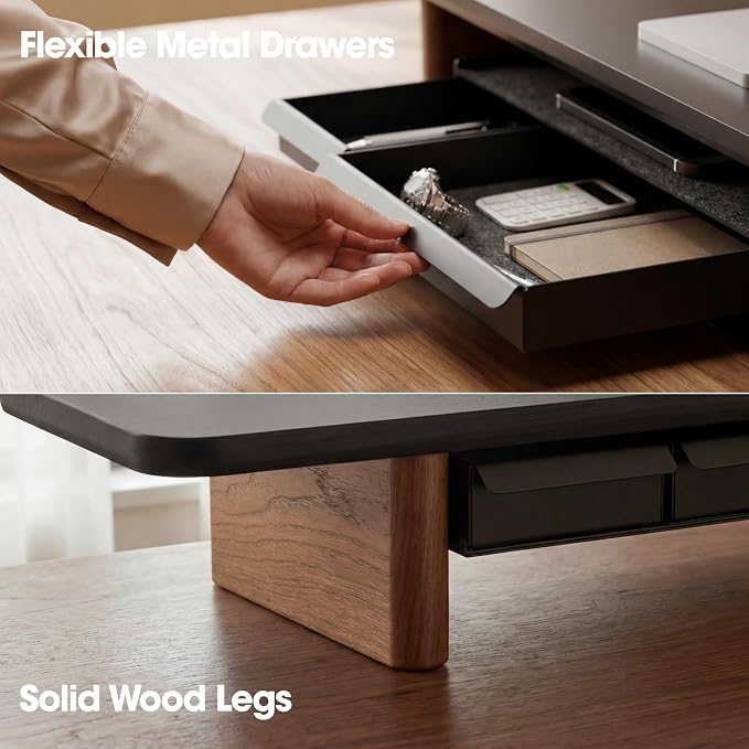 Fenge 42.5" Dual Monitor Stand with Storage Drawer & Solid Wood Legs, Black | Modern Minimalist Design, Repositionable Metal Drawers, Wooden Desk Shelf for Home Office Workspaces