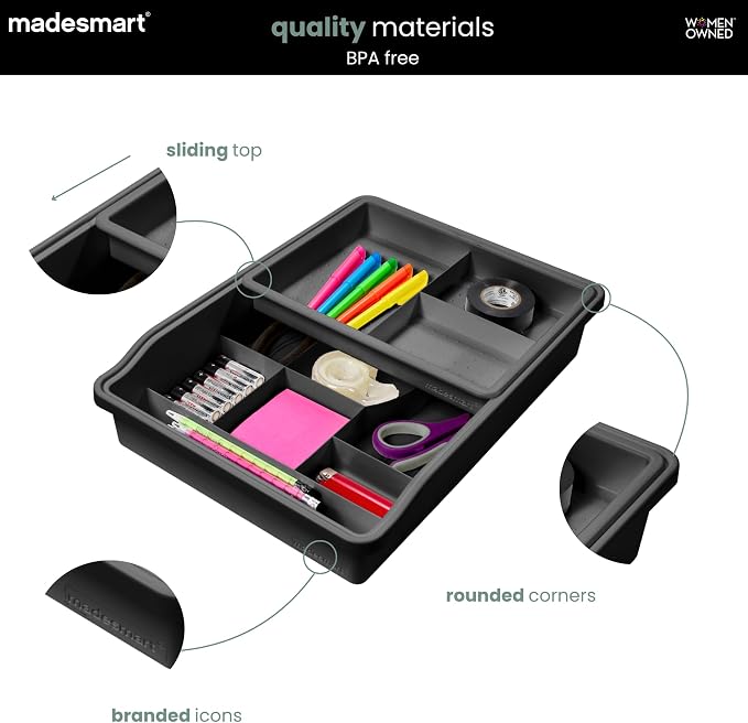 madesmart Classic Junk Drawer Organizer, Carbon | rounded corners, sliding top tray, removable upper level, 13 compartments, cords pens keys, woman owned
