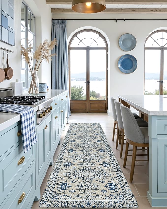 DEXI Kitchen Mats for Floor Cushioned, 23x86 Extra Large Wide Runner Rug Non Slip, Waterproof Soft Comfort Standing Padded Anti Fatigue Decorative, Blue and White