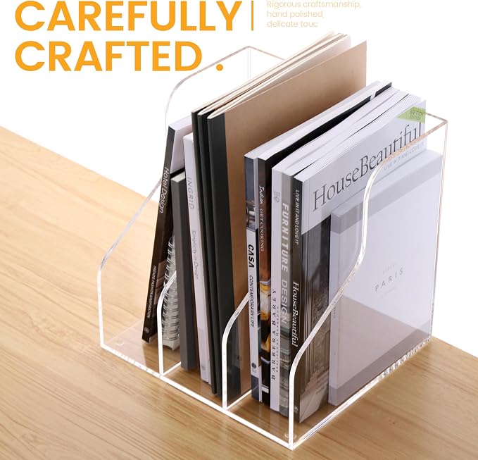HeZone Desk File Organizer, Acrylic Magazine File Holder with 3 Vertical Compartments Rack File Sorter for Office Home Classroom Desk Organization, Clear…