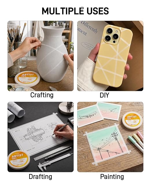 JusArt Artist Tape for Watercolor Paper, 1/4 inch Wide 200FT Long, White Art Tape for Masking, Painting and Crafting, Acid Free, Low Tack