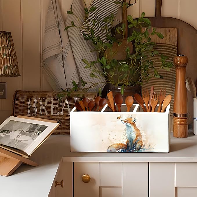 Fox Pen Pencil Holder for Desk Accessories, Fox Gifts for Women, Animal Lovers Gifts, Rustic Butterfly Wild Animal Wooden Box Sign Decorations for Kids Room Home Office Desk Tabletop