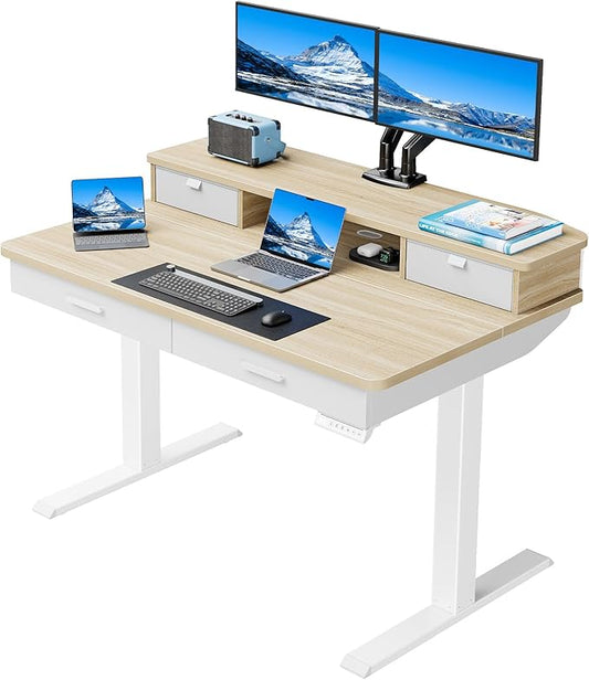 HUANUO 48 x 30 inch Electric Standing Desk with 4 Drawers, Natural | Deeper 30 Inch Desktop, Cable Tray, Monitor Mount Support, Grommet Routing, 27.9–46.8 Inch Height Range, Home Office Use