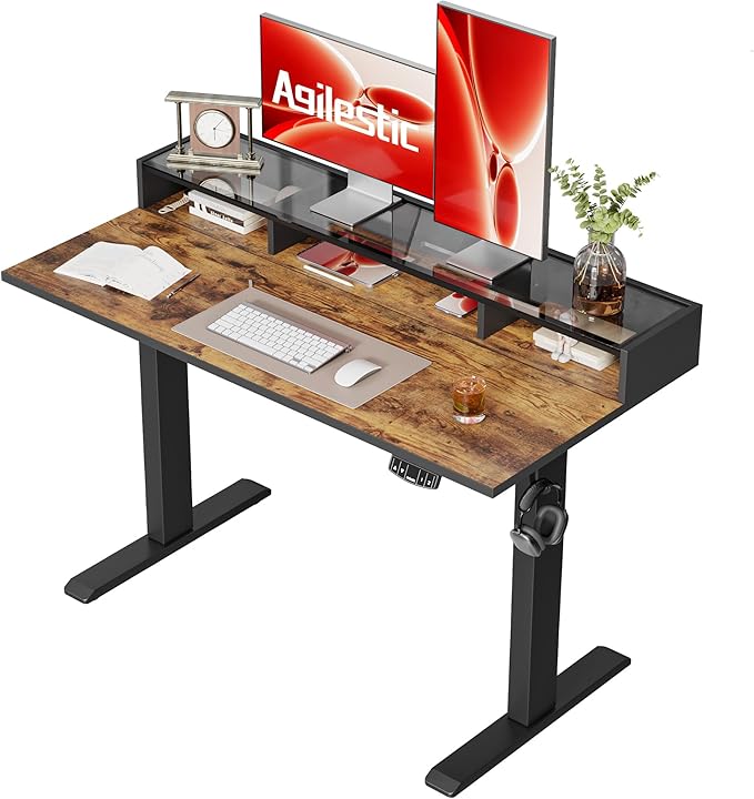 Agilestic 48 x 24 Inches Electric Standing Desk with Storage, Adjustable Height Sit and Stand Computer Table with Glass Shelf, Splice Board, Rustic Brown