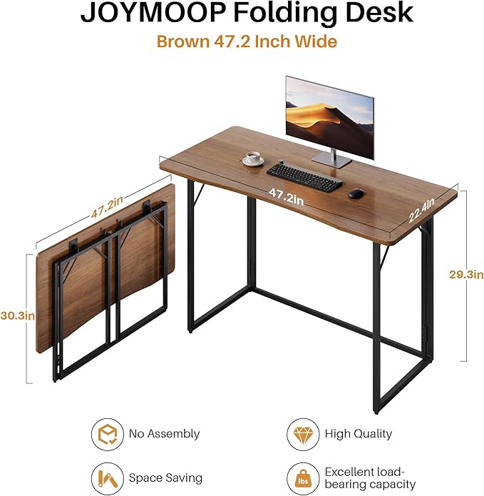 JOYMOOP 47.2" Folding Desk - Brown, No Assembly Large Size Foldable Desk for Home, Office, Wooden Top Folding Computer Desk for Working, Writing, Studying